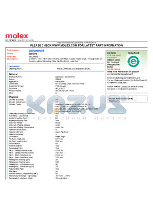 85009-9004 datasheet - 2.54mm (.100) Pitch DIN 41612 M Style Male Header, Right Angle, Through Hole, 24 Circuits, without Mounting Clips, No Flux Proof, Lead free