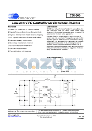 CS1600 datasheet - LOW-cost PFC Controller for Electronic Ballasts