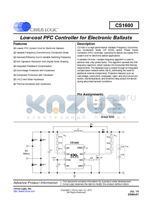 CS1600-FSZ datasheet - LOW-cost PFC Controller for Electronic Ballasts