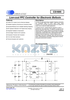 CS1600_1006 datasheet - Low-cost PFC Controller for Electronic Ballasts