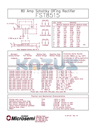 FST8515 datasheet - 80 Amp Schottky OR,ing Rectifier