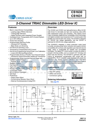 CS1630 datasheet - 2-Channel TRIAC Dimmable LED Driver IC