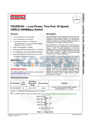 FSUSB104UMX datasheet - Low-Power, Two-Port, Hi-Speed, USB2.0 (480Mbps) Switch