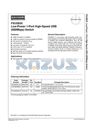 FSUSB20_06 datasheet - Low-Power 1-Port High-Speed USB (480Mbps) Switch