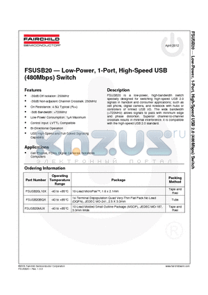 FSUSB20BQX_12 datasheet - Low-Power, 1-Port, High-Speed USB (480Mbps) Switch