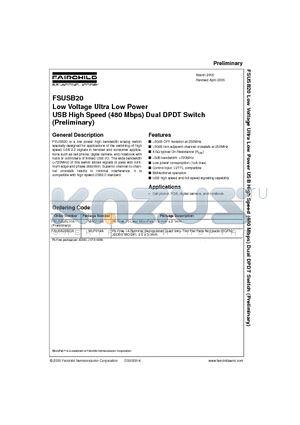 FSUSB20L10X datasheet - Low Voltage Ultra Low Power USB High Speed (480 Mbps) Dual DPDT Switch