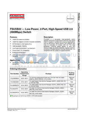 FSUSB22BQX datasheet - Low-Power, 2-Port, High-Speed USB 2.0 (480Mbps) Switch