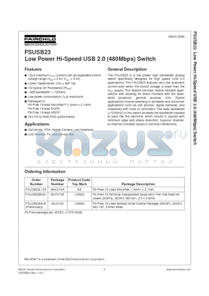 FSUSB23 datasheet - Low Power Hi-Speed USB 2.0 (480Mbps) Switch