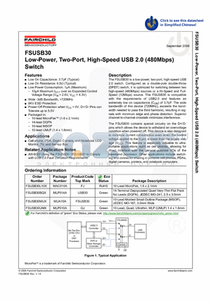 FSUSB30BQX datasheet - Low-Power, Two-Port, High-Speed USB 2.0 (480Mbps) Switch