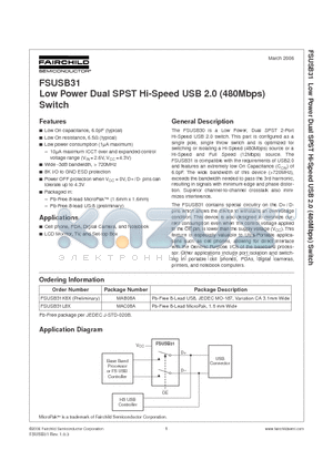FSUSB31 datasheet - Low Power Dual SPST Hi-Speed USB 2.0 (480Mbps) Switch