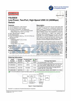 FSUSB30UMX datasheet - Low-Power, Two-Port, High-Speed USB 2.0 (480Mbps) Switch