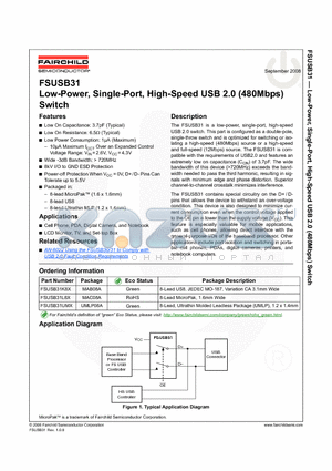 FSUSB31L8X datasheet - Low-Power, Single-Port, High-Speed USB 2.0 (480Mbps) Switch