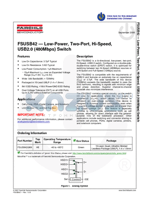 FSUSB42UMX datasheet - Low-Power, Two-Port, Hi-Speed, USB2.0 (480Mbps) Switch