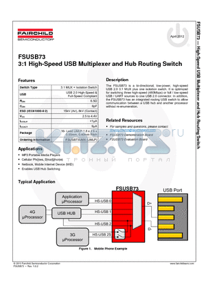 FSUSB73UMX datasheet - 3:1 High-Speed USB Multiplexer and Hub Routing Switch