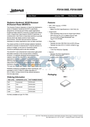 FSYA150D datasheet - Radiation Hardened, SEGR Resistant N-Channel Power MOSFETs