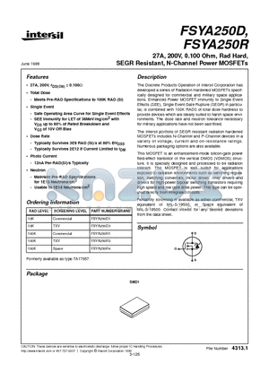 FSYA250D datasheet - 27A, 200V, 0.100 Ohm, Rad Hard, SEGR Resistant, N-Channel Power MOSFETs