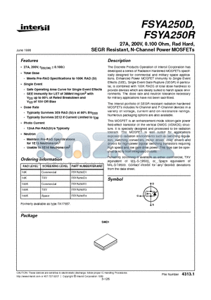 FSYA250D1 datasheet - 27A, 200V, 0.100 Ohm, Rad Hard, SEGR Resistant, N-Channel Power MOSFETs