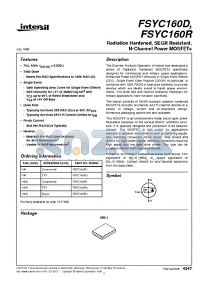 FSYC160R datasheet - Radiation Hardened, SEGR Resistant, N-Channel Power MOSFETs