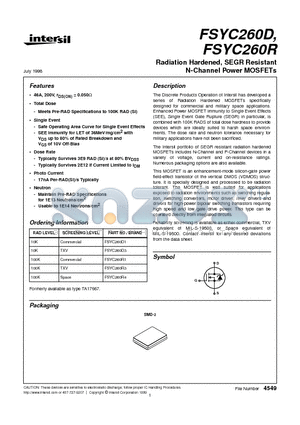 FSYC260D datasheet - Radiation Hardened, SEGR Resistant N-Channel Power MOSFETs
