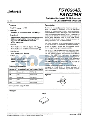 FSYC264D3 datasheet - Radiation Hardened, SEGR Resistant N-Channel Power MOSFETs