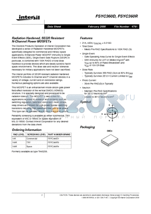 FSYC360D datasheet - Radiation Hardened, SEGR Resistant N-Channel Power MOSFETs