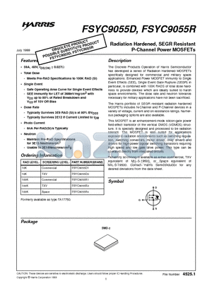 FSYC9055R datasheet - Radiation Hardened, SEGR Resistant P-Channel Power MOSFETs