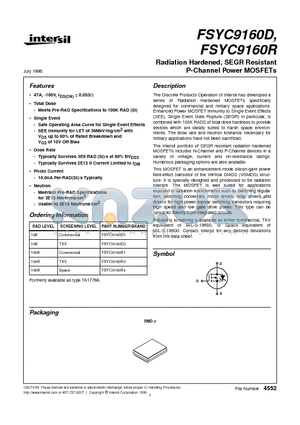 FSYC9160R4 datasheet - Radiation Hardened, SEGR Resistant P-Channel Power MOSFETs