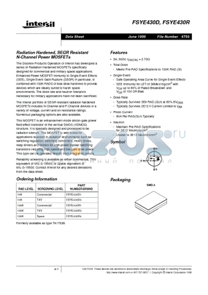 FSYE430D datasheet - Radiation Hardened, SEGR Resistant N-Channel Power MOSFETs