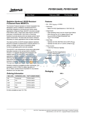 FSYE913A0D datasheet - Radiation Hardened, SEGR Resistant P-Channel Power MOSFETs