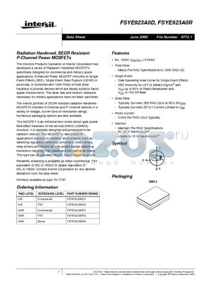 FSYE923A0R1 datasheet - Radiation Hardened, SEGR Resistant P-Channel Power MOSFETs