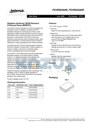 FSYE923A0R3 datasheet - Radiation Hardened, SEGR Resistant P-Channel Power MOSFETs