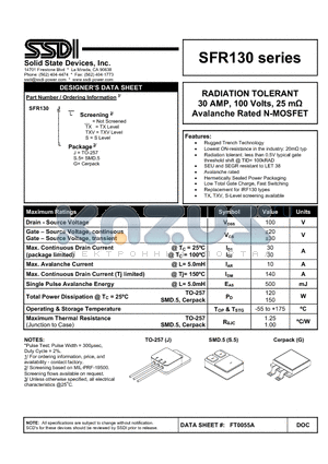 FT0055A datasheet - RADIATION TOLERANT 30 AMP, 100 Volts, 25 mY Avalanche Rated N-MOSFET