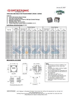 DR359-1-104 datasheet - SHIELDED SMD INDUCTOR/TRANSFORMER