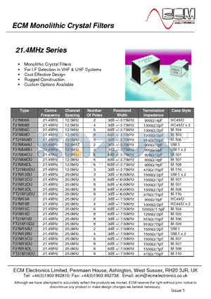 FT21M15D2 datasheet - Monolithic Crystal Filters