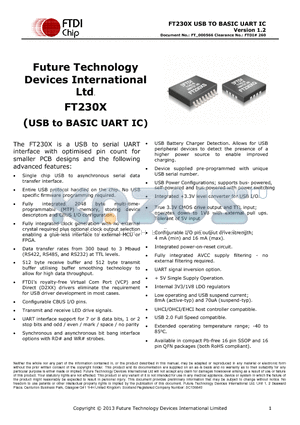 FT230X datasheet - USB to serial UART interface with optimised pin count for smaller PCB designs