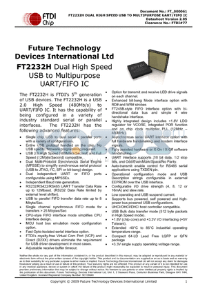 FT2232H datasheet - DUAL HIGH SPEED USB TO MULTIPURPOSE UART