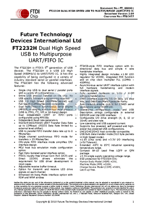 FT2232H datasheet - DUAL HIGH SPEED USB TO MULTIPURPOSE UART/FIFO IC