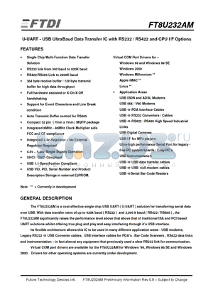 FT8U232AM datasheet - U-UART - USB UltraBaud Data Transfer IC with RS232 / RS422 and CPU I/F Options