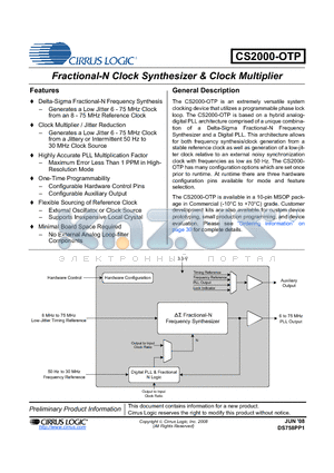 CS2000-OTP datasheet - Fractional-N Clock Synthesizer & Clock Multiplier