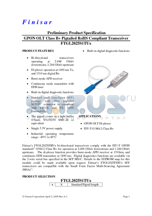 FTGL2025S1TUS datasheet - GPON OLT Class B Pigtailed RoHS Compliant Transceiver