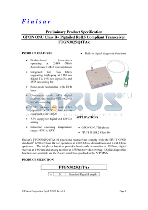 FTGN3025Q1TAS datasheet - GPON ONU Class B Pigtailed RoHS Compliant Transceiver