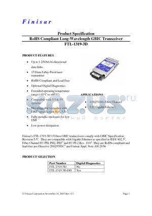 FTL-1319-3D datasheet - RoHS Compliant Long-Wavelength GBIC Transceiver