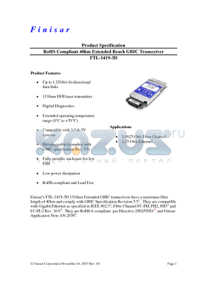 FTL-1419-3D datasheet - RoHS Compliant 40km Extended Reach GBIC Transceiver