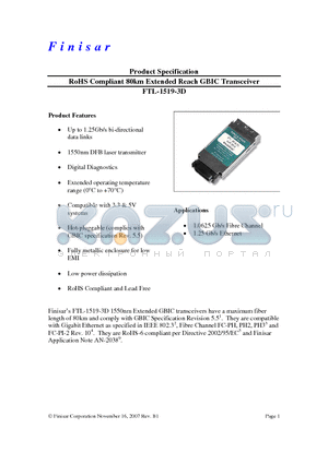 FTL-1519-3D datasheet - RoHS Compliant 80km Extended Reach GBIC Transceiver