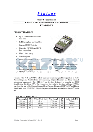 FTL-161955 datasheet - CWDM GBIC Transceiver with APD Receiver