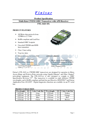 FTL-1621-47 datasheet - Multi-Rate CWDM GBIC Transceiver with APD Receiver