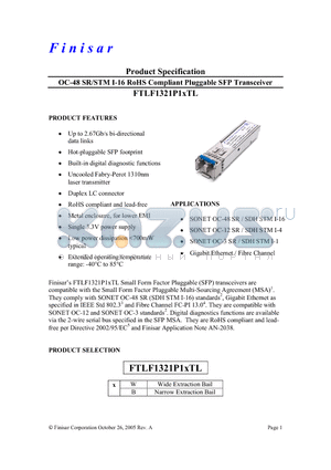 FTLF1321P1BTL datasheet - OC-48 SR/STM I-16 RoHS Compliant Pluggable SFP Transceiver