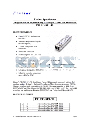 FTLF1319F1MTL datasheet - 2 Gigabit RoHS Compliant Long-Wavelength 2x5 Pin SFF Transceiver