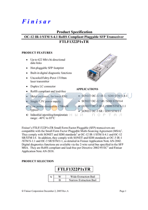 FTLF1322P1BTR datasheet - OC-12 IR-1/STM S-4.1 RoHS Compliant Pluggable SFP Transceiver