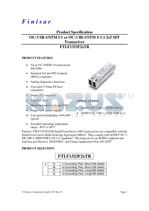 FTLF1323F2HTR datasheet - OC-3 SR-1/STM I-1 or OC-3 IR-1/STM S-1.1 2x5 SFF Transceiver